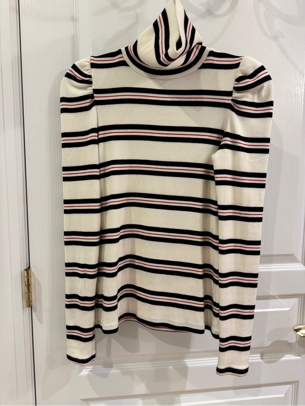 Veronica Beard Cream Striped Turtleneck with Rouched Shoulders